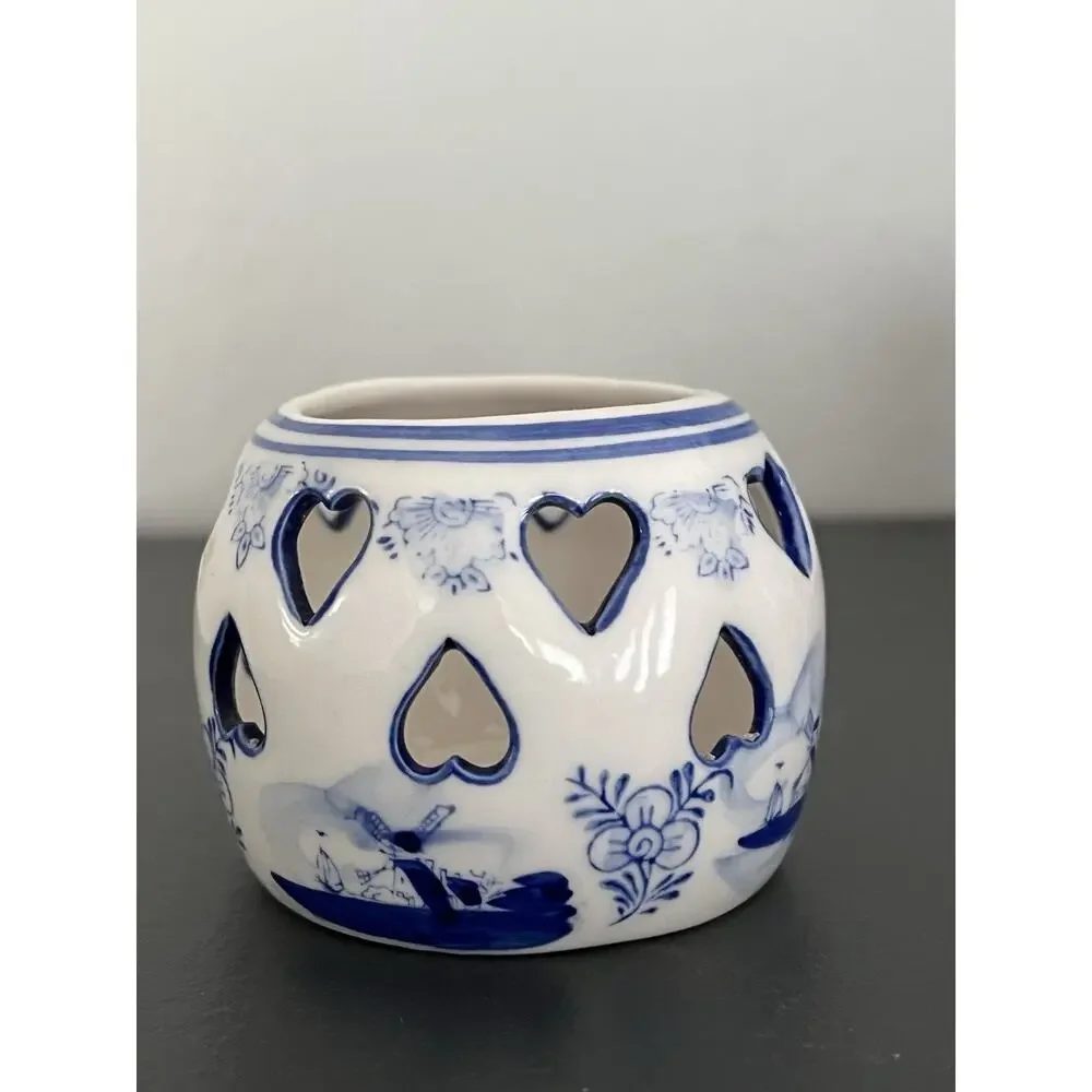 2 Delft Blue Tea Light Holder Candle Ceramic Vintage Hearts Hand painted Holland